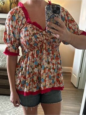 Umgee Floral Smocked Tunic with Hot Pink Trim